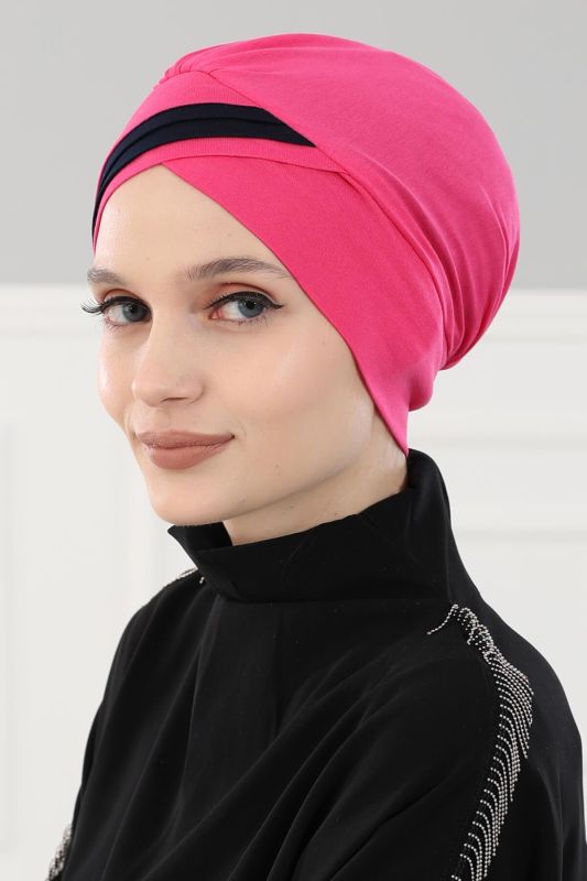 Double Color Combed Cotton Bonnet, B-23 Fuchsia - Navy Blue - 2