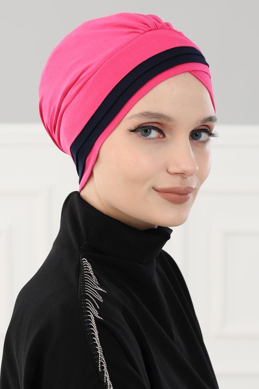 Double Color Combed Cotton Bonnet, B-23 Fuchsia - Navy Blue - 3