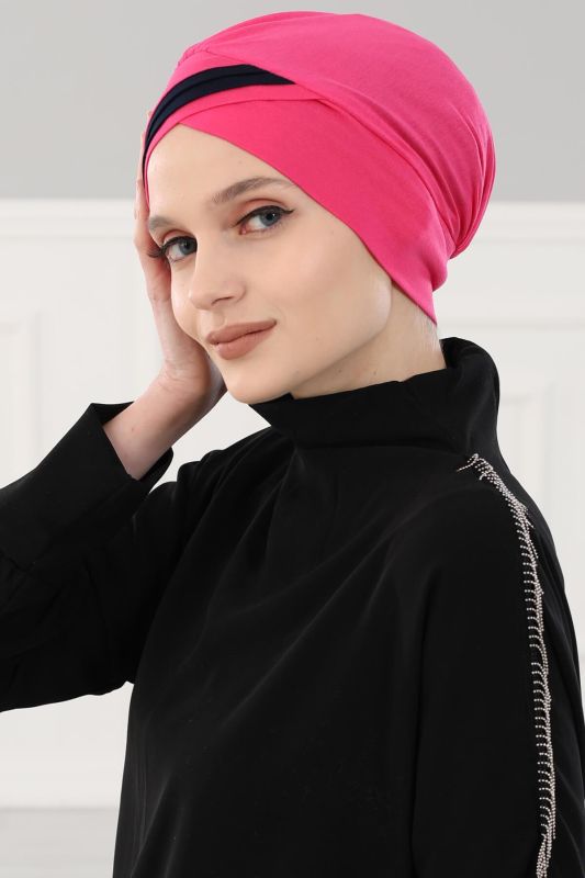 Double Color Combed Cotton Bonnet, B-23 Fuchsia - Navy Blue - 4