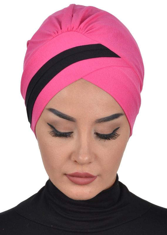 Double Colored Combed Cotton Bonnet, B-23 Fuchsia - Black - 1