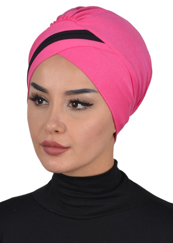 Double Colored Combed Cotton Bonnet, B-23 Fuchsia - Black - 2