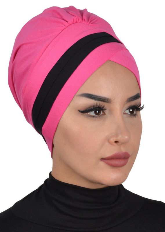 Double Colored Combed Cotton Bonnet, B-23 Fuchsia - Black - 3