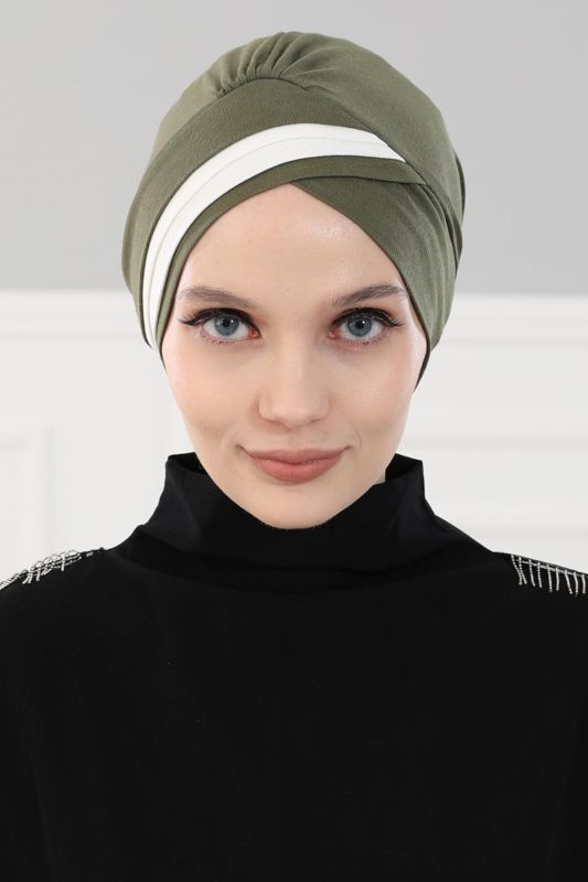 Double Colored Combed Bonnet, B-23 Khaki Green - Cream - 1