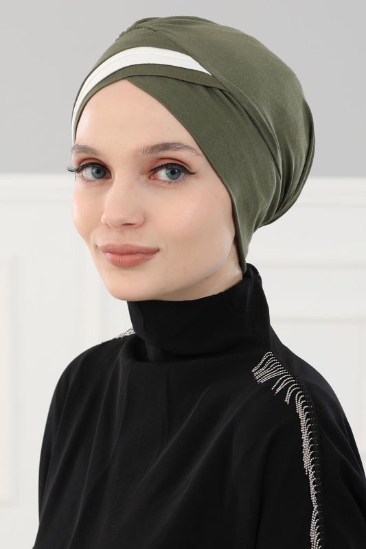 Double Colored Combed Bonnet, B-23 Khaki Green - Cream - 2