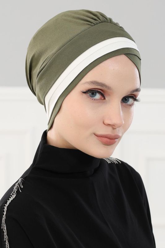 Double Colored Combed Bonnet, B-23 Khaki Green - Cream - 3