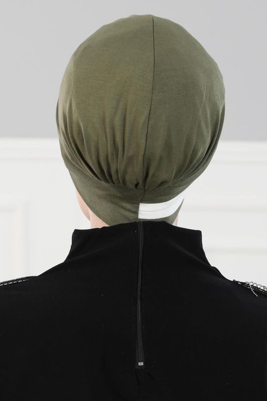 Double Colored Combed Bonnet, B-23 Khaki Green - Cream - 4