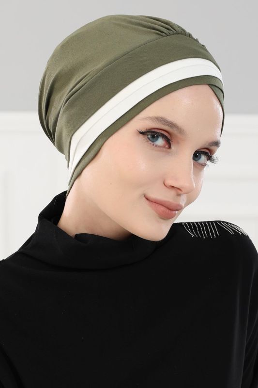 Double Colored Combed Bonnet, B-23 Khaki Green - Cream - 5