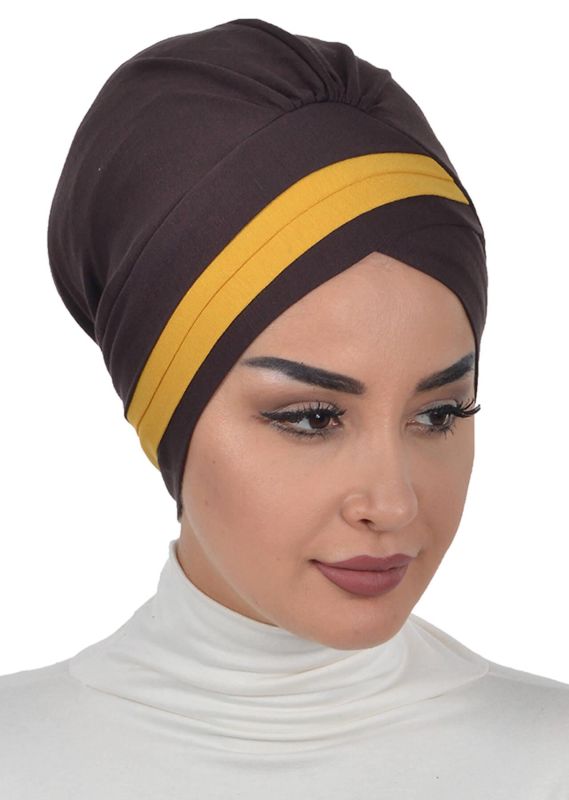 Çift Renkli Penye Bone,B-23 Kahverengi - Hardal Sarısı - 2