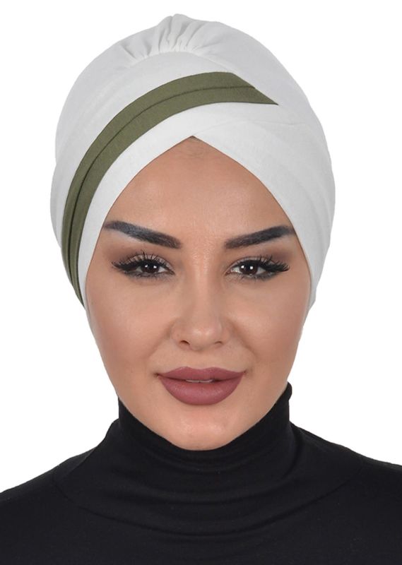 Double Color Combed Cotton Bonnet, B-23 Cream - Khaki Green - 1