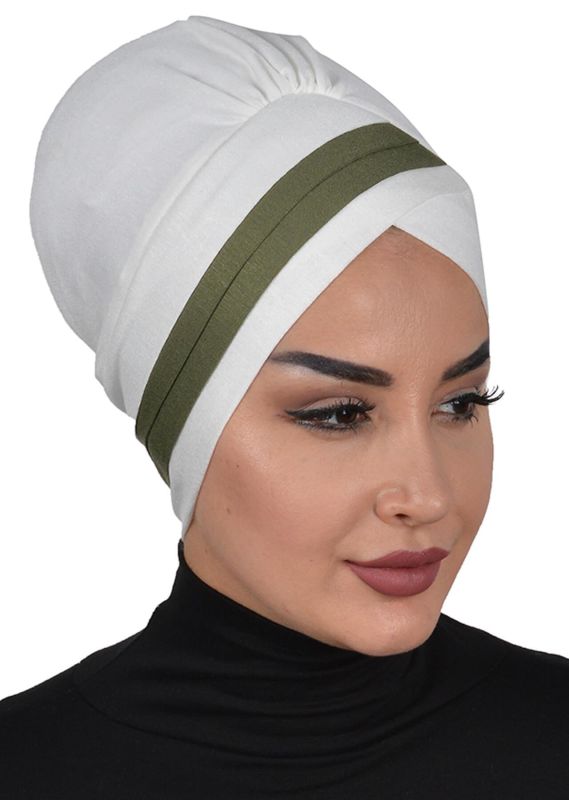 Double Color Combed Cotton Bonnet, B-23 Cream - Khaki Green - 2