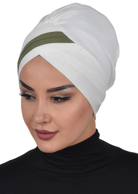 Double Color Combed Cotton Bonnet, B-23 Cream - Khaki Green - 3