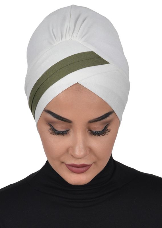 Double Color Combed Cotton Bonnet, B-23 Cream - Khaki Green - 4