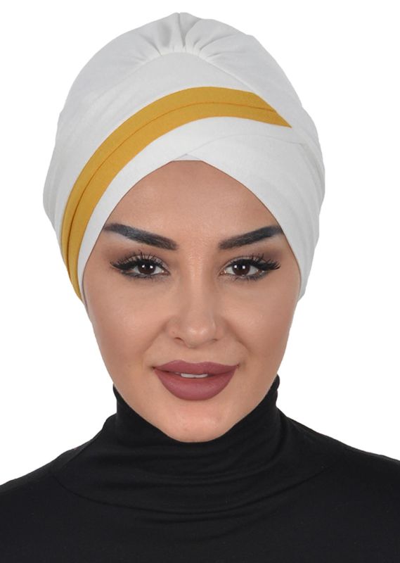 Double Color Combed Cotton Bonnet, B-23 Cream - Mustard Yellow - 1