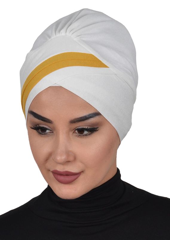 Double Color Combed Cotton Bonnet, B-23 Cream - Mustard Yellow - 2