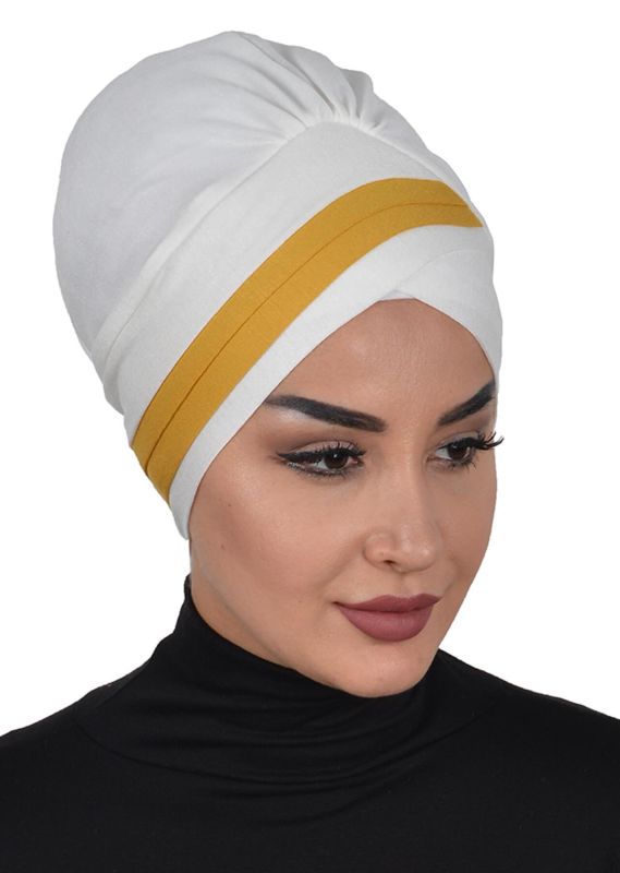 Double Color Combed Cotton Bonnet, B-23 Cream - Mustard Yellow - 3
