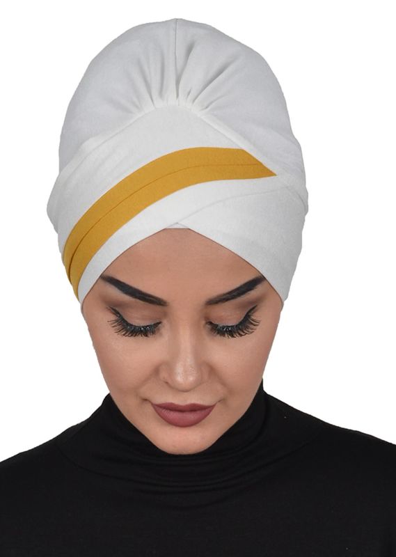 Double Color Combed Cotton Bonnet, B-23 Cream - Mustard Yellow - 4