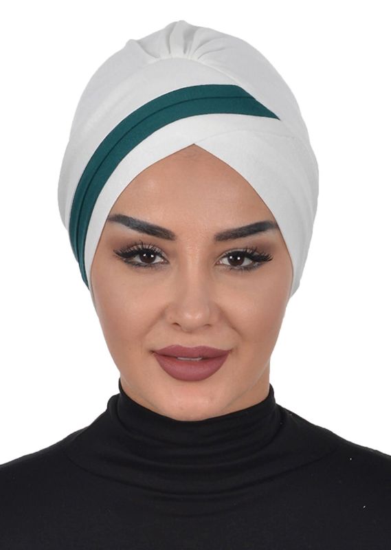 Double Colored Combed Cotton Bonnet, B-23 Cream - Dark Green - 1