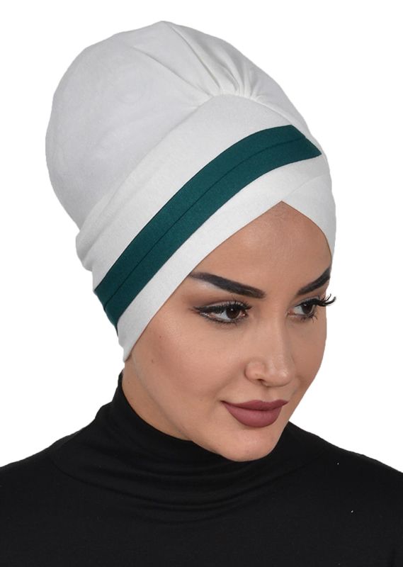 Double Colored Combed Cotton Bonnet, B-23 Cream - Dark Green - 2