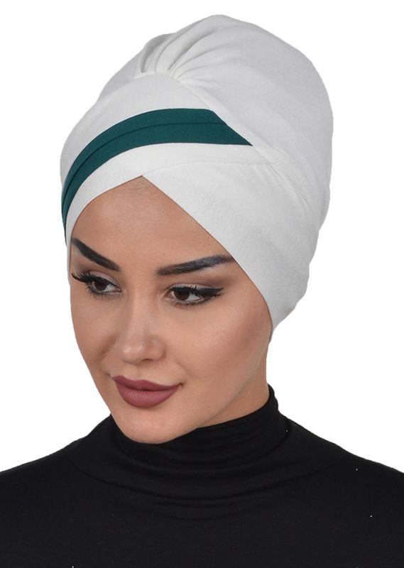 Double Colored Combed Cotton Bonnet, B-23 Cream - Dark Green - 3