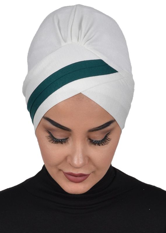 Double Colored Combed Cotton Bonnet, B-23 Cream - Dark Green - 4