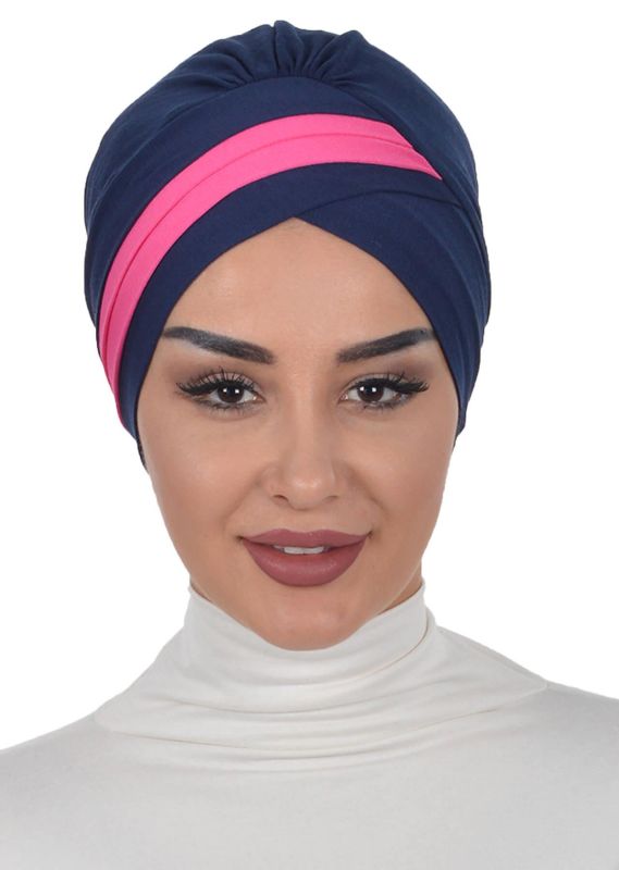 Double Color Combed Cotton Bonnet, B-23 Navy Blue - Fuchsia - 1