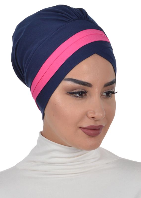Double Color Combed Cotton Bonnet, B-23 Navy Blue - Fuchsia - 2