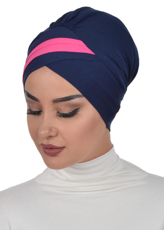 Double Color Combed Cotton Bonnet, B-23 Navy Blue - Fuchsia - 3