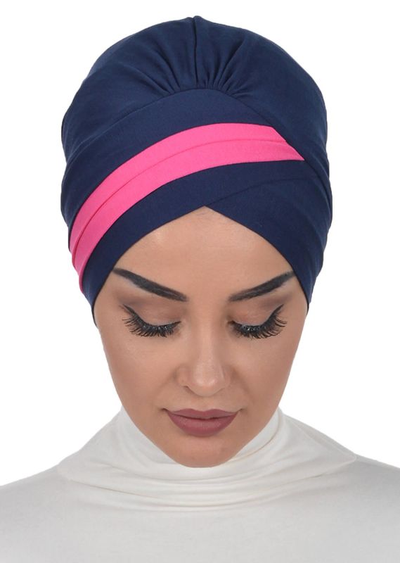 Double Color Combed Cotton Bonnet, B-23 Navy Blue - Fuchsia - 4