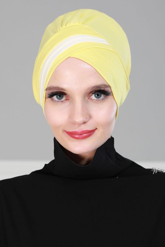 Double Colored Combed Cotton Bonnet, B-23 Yellow - Cream - 1