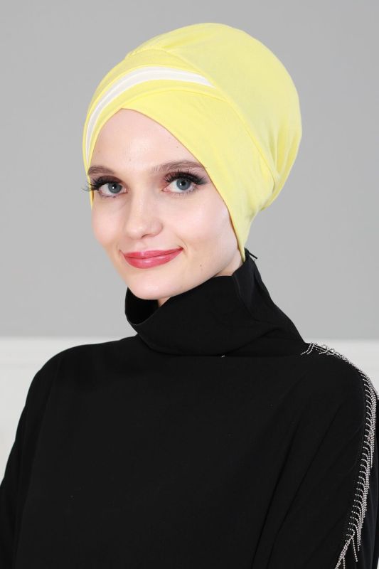 Double Colored Combed Cotton Bonnet, B-23 Yellow - Cream - 2