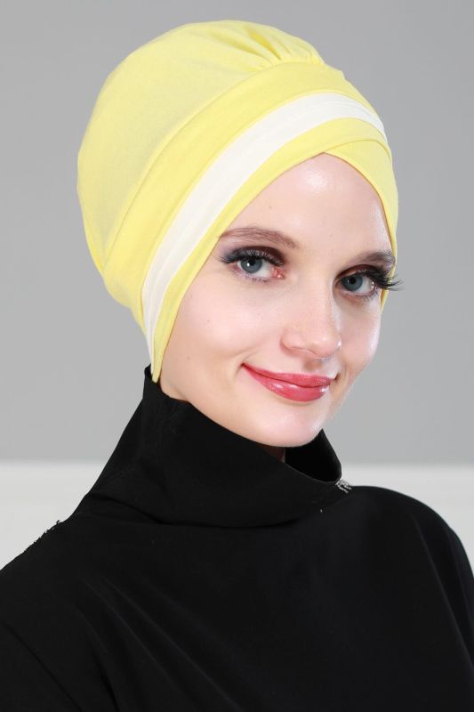 Double Colored Combed Cotton Bonnet, B-23 Yellow - Cream - 3