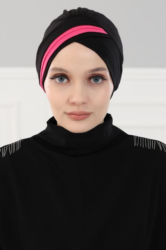 Double Color Combed Cotton Bonnet, B-23 Black - Fuchsia - 1