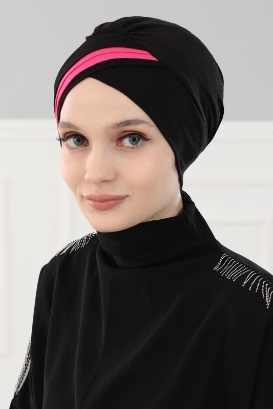 Double Color Combed Cotton Bonnet, B-23 Black - Fuchsia - 2