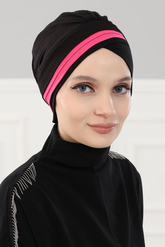 Double Color Combed Cotton Bonnet, B-23 Black - Fuchsia - 3