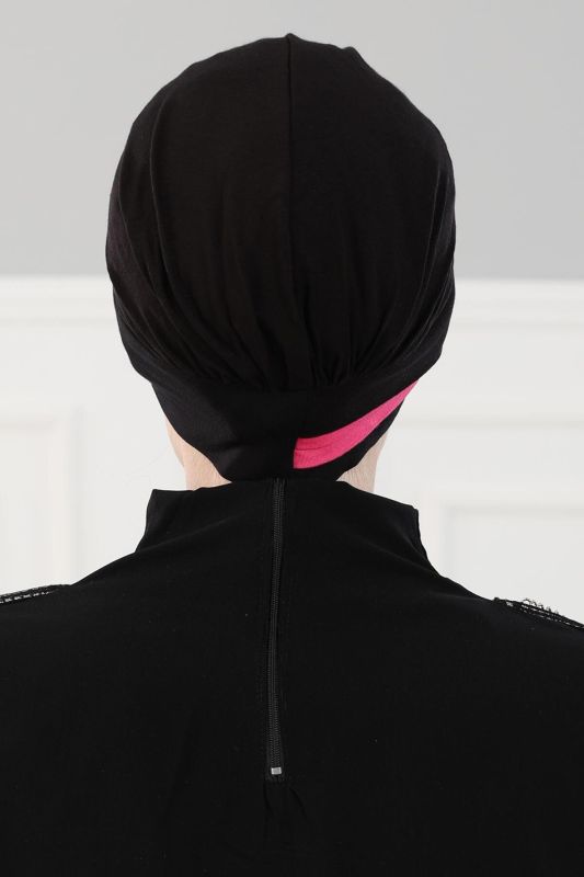 Double Color Combed Cotton Bonnet, B-23 Black - Fuchsia - 4
