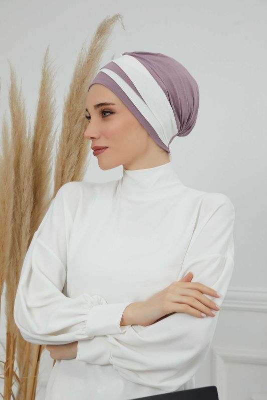 Çift Renkli Penye Bone,B-65 Lila-Krem - 4