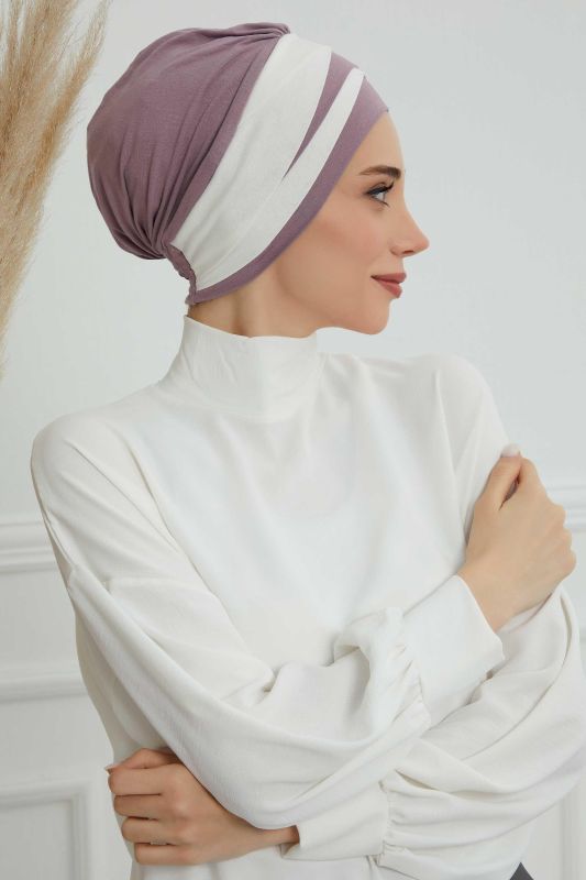 Çift Renkli Penye Bone,B-65 Lila-Krem - 5