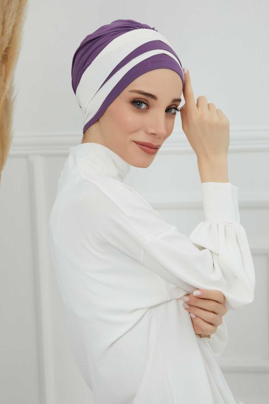 Çift Renkli Penye Bone,B-65 Mor 2-Krem - 1