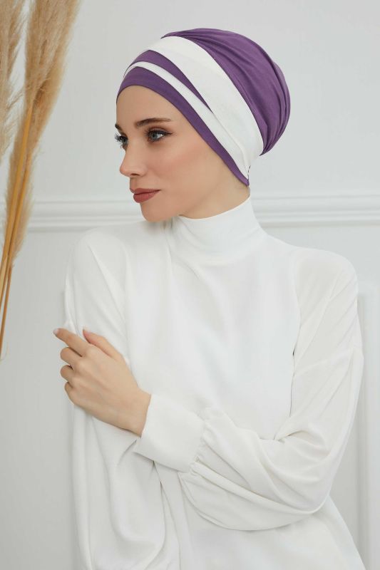 Çift Renkli Penye Bone,B-65 Mor 2-Krem - 7