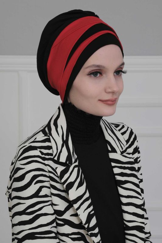 Çift Renkli Penye Bone,B-65 Siyah - Kırmızı - 4