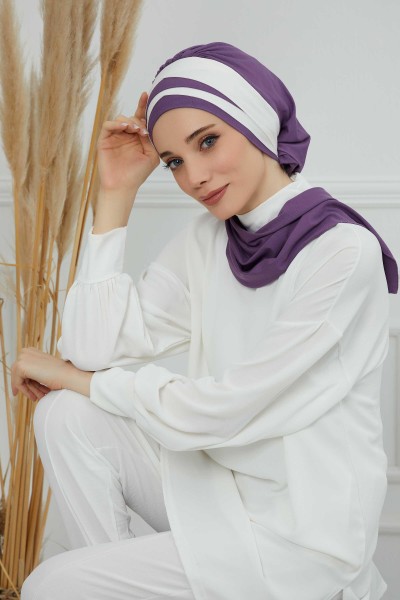 وشاح جاهز مزدوج اللون من القطن الممشط، HT-80، HT-80 أرجواني 2-كريم - Thumbnail