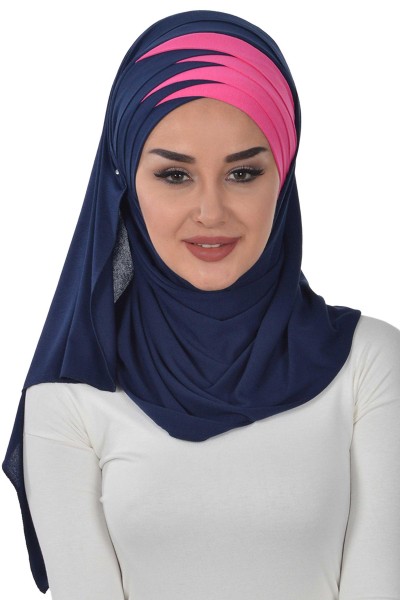 Double Colored Snap on and Practical Combed Cotton Shawl,CPS-49,CPS-49 Navy Blue - Fuchsia - Thumbnail