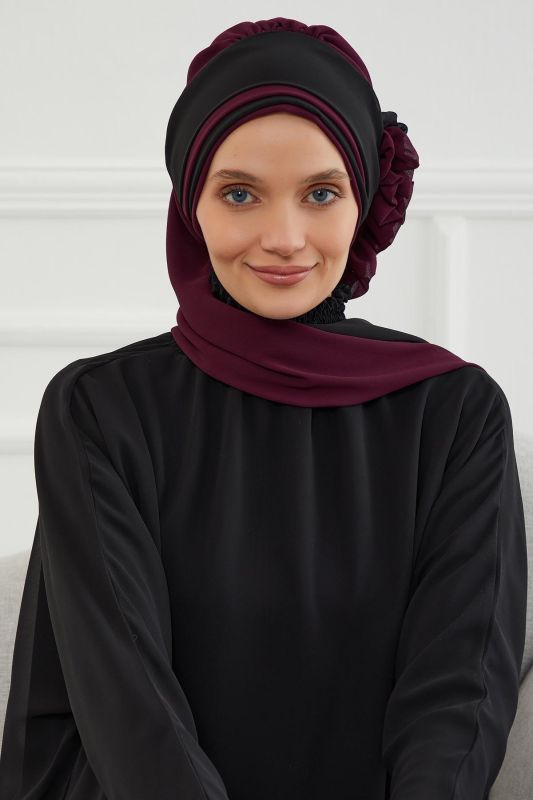Çift Renkli Tasarım Şifon Hazır Türban,HT-86 Mürdüm - Siyah - 6