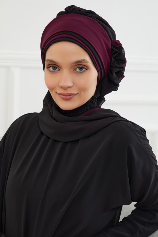 Çift Renkli Tasarım Şifon Hazır Türban,HT-86 Siyah - Mürdüm - 1