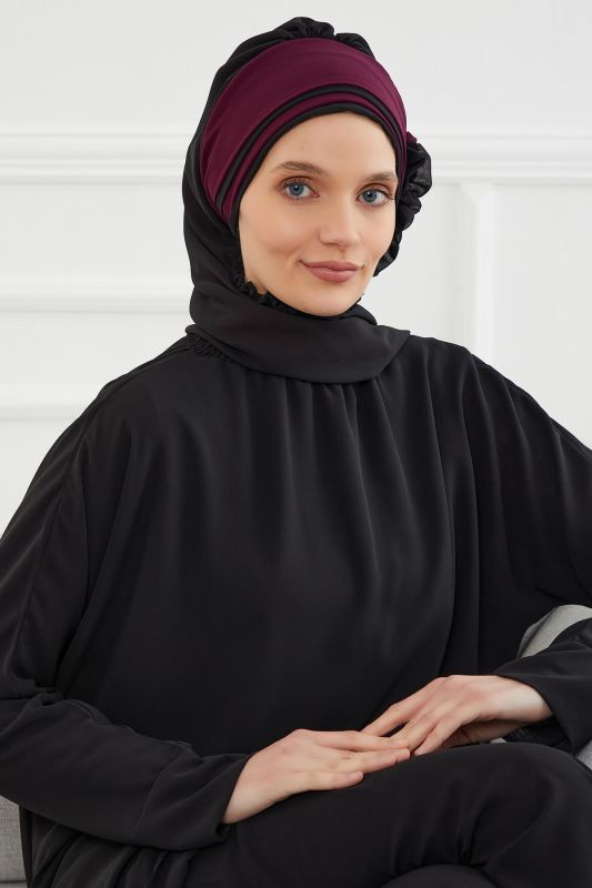 Çift Renkli Tasarım Şifon Hazır Türban,HT-86 Siyah - Mürdüm - 3