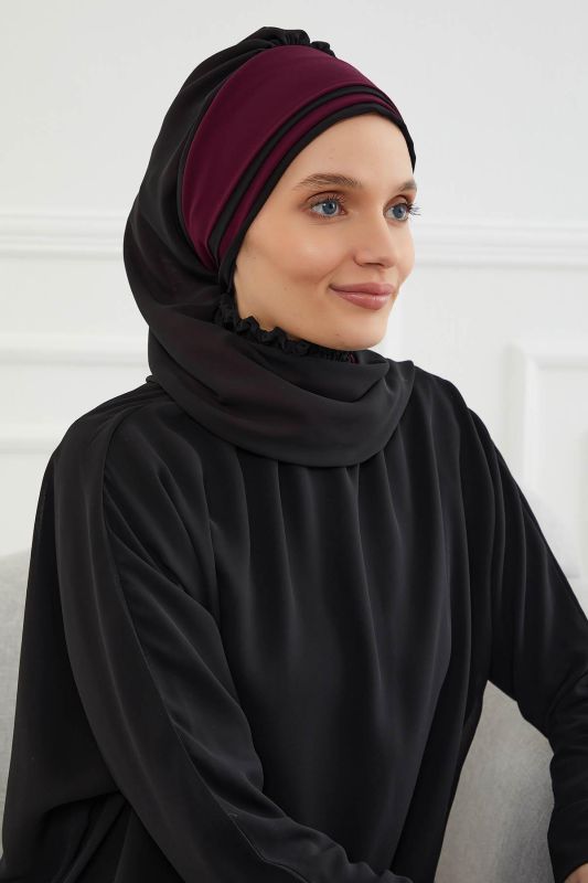 Çift Renkli Tasarım Şifon Hazır Türban,HT-86 Siyah - Mürdüm - 8