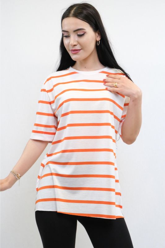 Çizgili Penye Tshirt Turuncu - 1