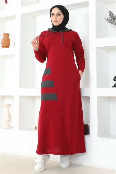 Çizgili Spor Elbise BORDO - Thumbnail