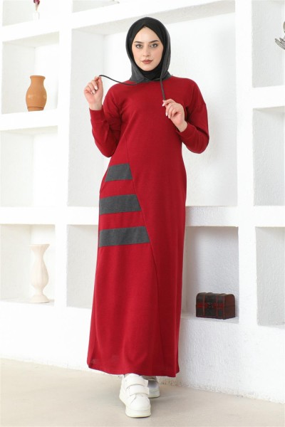 Çizgili Spor Elbise BORDO - Thumbnail