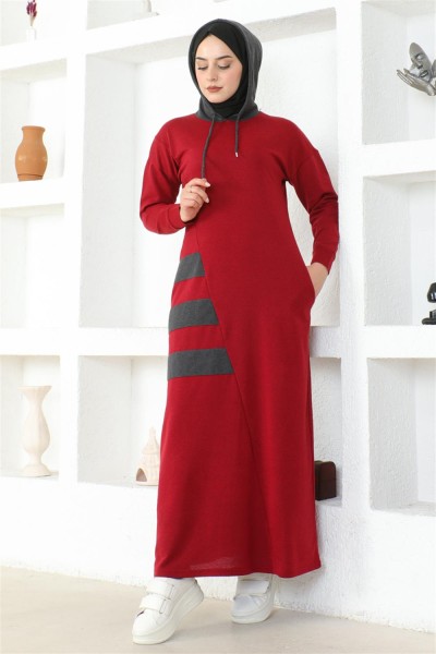 Çizgili Spor Elbise BORDO - Thumbnail